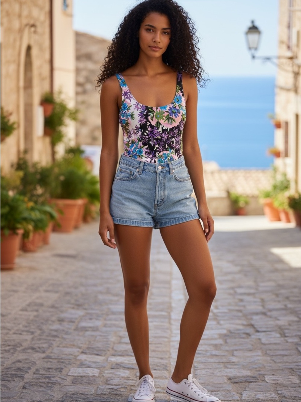 Floral One-Piece Swimsuit in Blue, Pink & Green